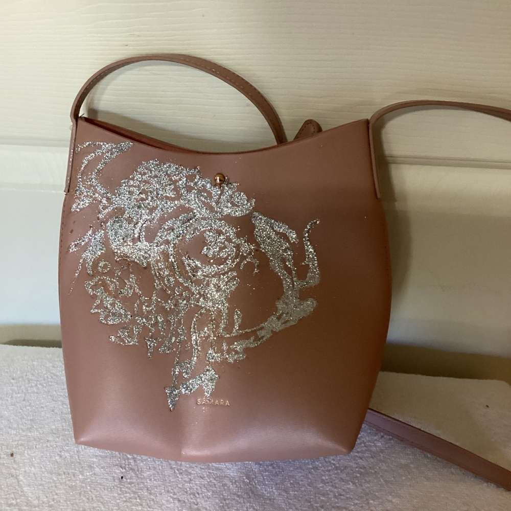 Anthropologie Samara  Ladies Crossbody Bag Small Pink Glittered Pattern To Front